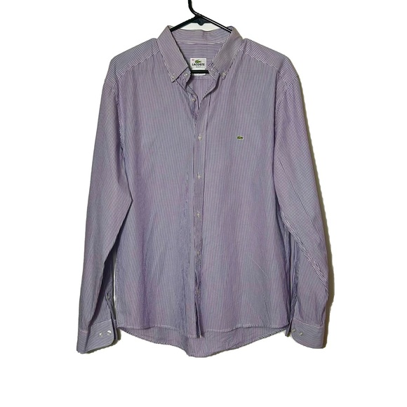 LACOSTE MEN DRESS SHIRT PURPLE AND WHITE STRIPED IN SIZE 43 design in France - Picture 3 of 8